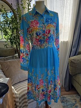 Bright Blue Floral Pleated Long-Sleeve Dress